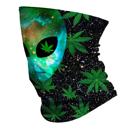 StonerDays Alien Neck Gaiter featuring cannabis leaves and galaxy print, versatile headwear