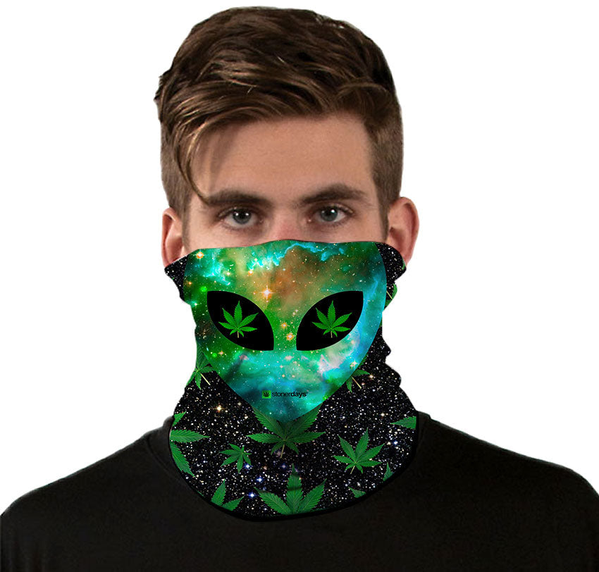 StonerDays Alien Neck Gaiter featuring cosmic design with cannabis leaves, front view on model