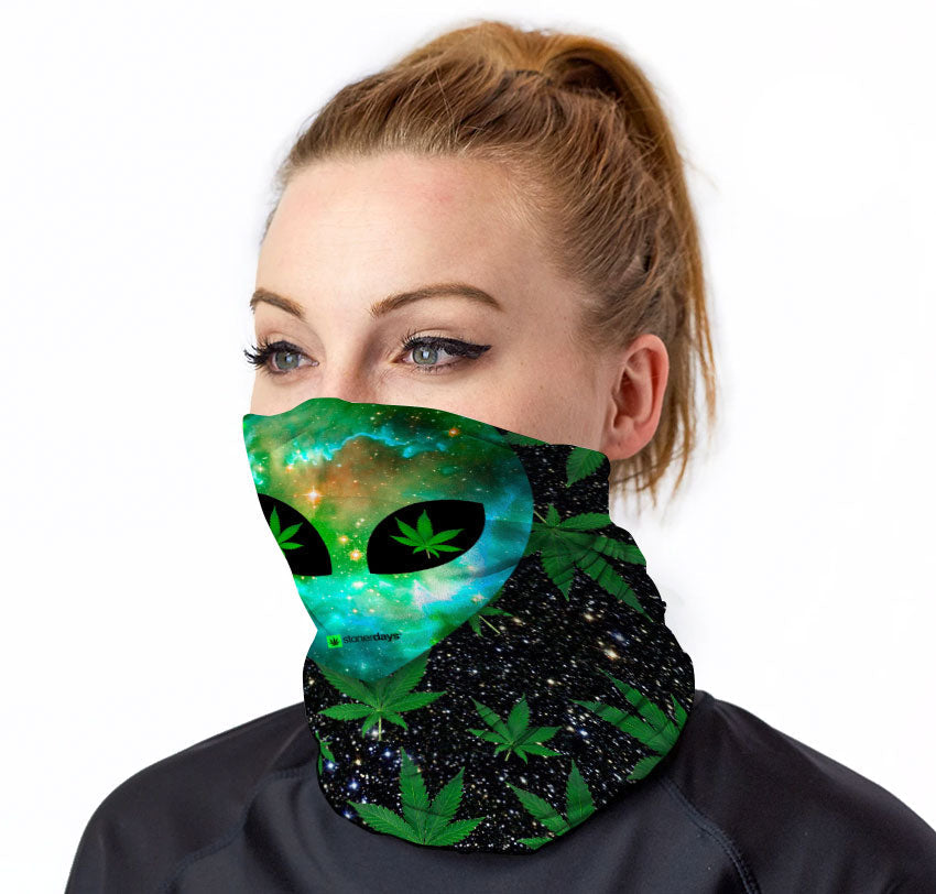 StonerDays Alien Neck Gaiter with cannabis leaf design, worn by model, front view