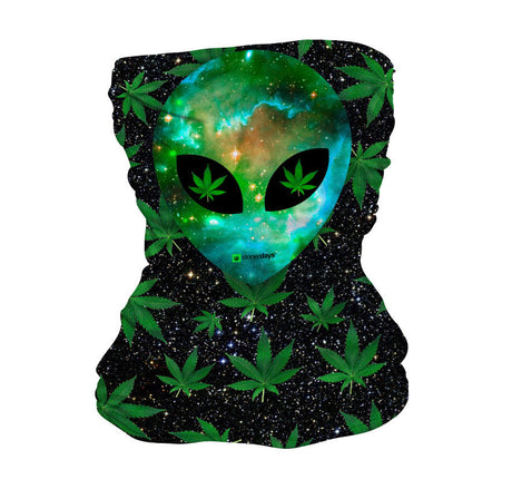 StonerDays Alien Neck Gaiter featuring cannabis leaves and cosmic design, front view
