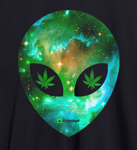 StonerDays Alien Racerback tank top with cosmic design and cannabis leaf, close-up front view