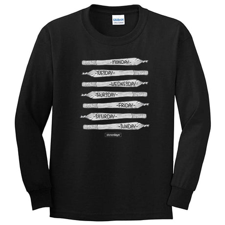StonerDays black cotton long sleeve with days of the week and joints design, front view