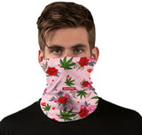 StonerDays Neck Gaiter featuring cannabis leaf and floral design on pink background, front view on model