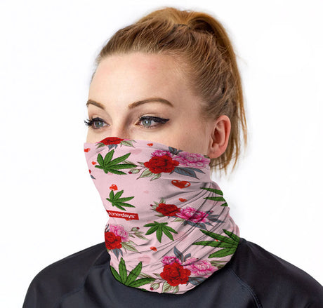 StonerDays Neck Gaiter with Cannabis and Floral Pattern, Front View on Model