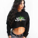 StonerDays Aloha Crop Top Hoodie in black with green leaf design, front view on female model