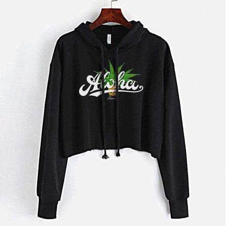 StonerDays Aloha Women's Crop Top Hoodie in Black, Front View, Sizes S to XL