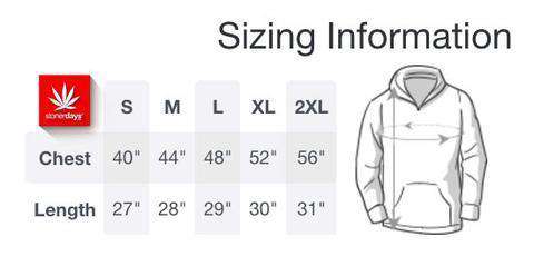 StonerDays Aloha Spirit Hoodie sizing chart with logo and measurements for various sizes