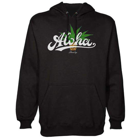 StonerDays Aloha Hoodie in black, front view, featuring cannabis leaf design and cozy kangaroo pocket.