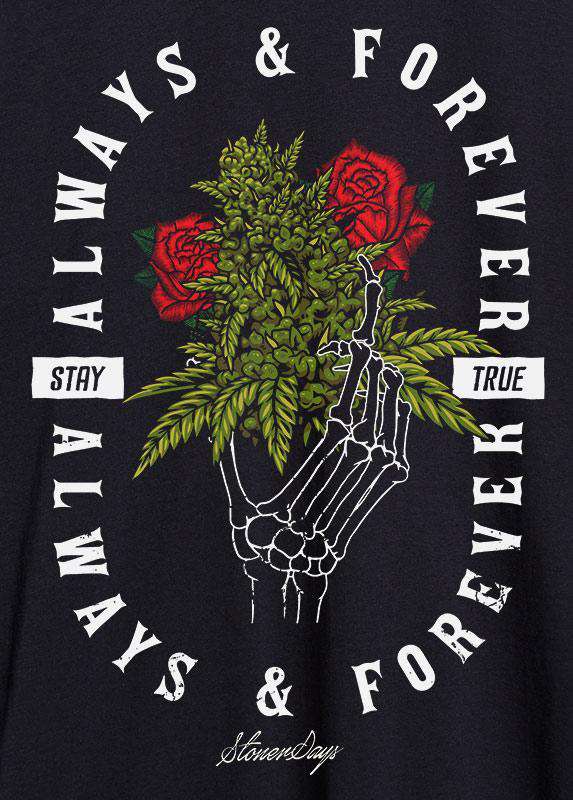 StonerDays Always And Forever Racerback design close-up with cannabis and roses graphic