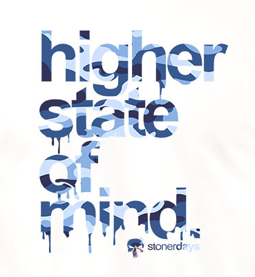 StonerDays Army Blue Pattern on White Tee, 'Higher State of Mind' Slogan, Front View