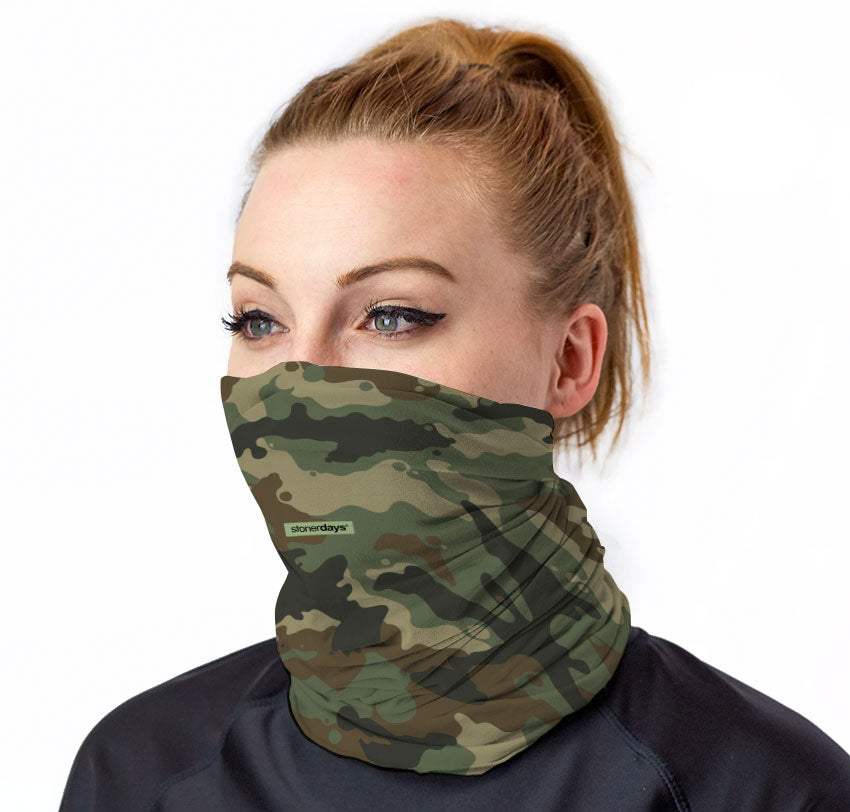 StonerDays Army Pattern Neck Gaiter in polyester, front view on model