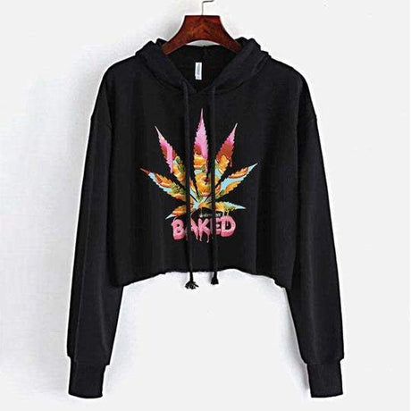StonerDays Baked Donut Crop Top Hoodie in black with colorful leaf design, front view on white background