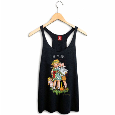 StonerDays Be Mine Racerback tank top in black with graphic print, displayed on hanger