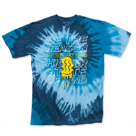 StonerDays 'Be The Reason' blue tie-dye t-shirt with inspirational print, front view on white background