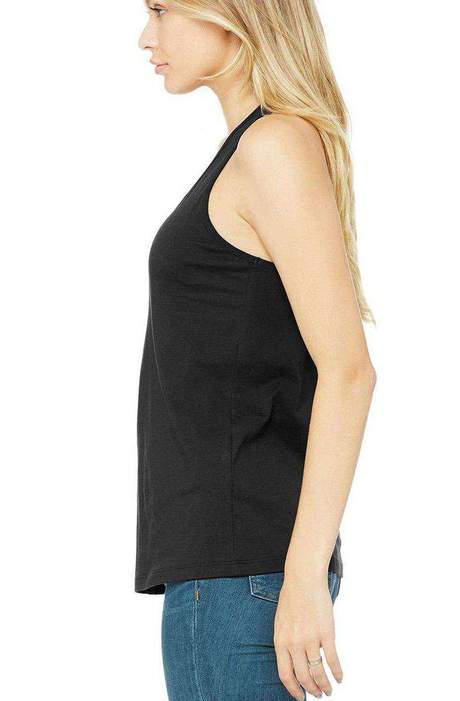 Woman wearing StonerDays Bear Free Dabs Racerback tank top, side view, black cotton blend