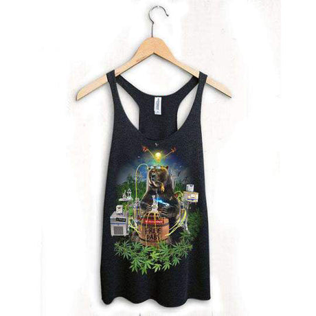 StonerDays Bear Free Dabs Racerback tank top, black, with graphic design, front view on hanger