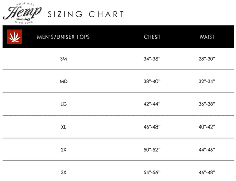 StonerDays Bear On Vacation Hemp Tee sizing chart with chest and waist measurements