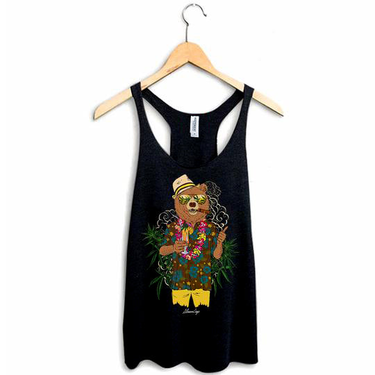 StonerDays Bear On Vacation Racerback tank top, black cotton blend, sizes S to XXL