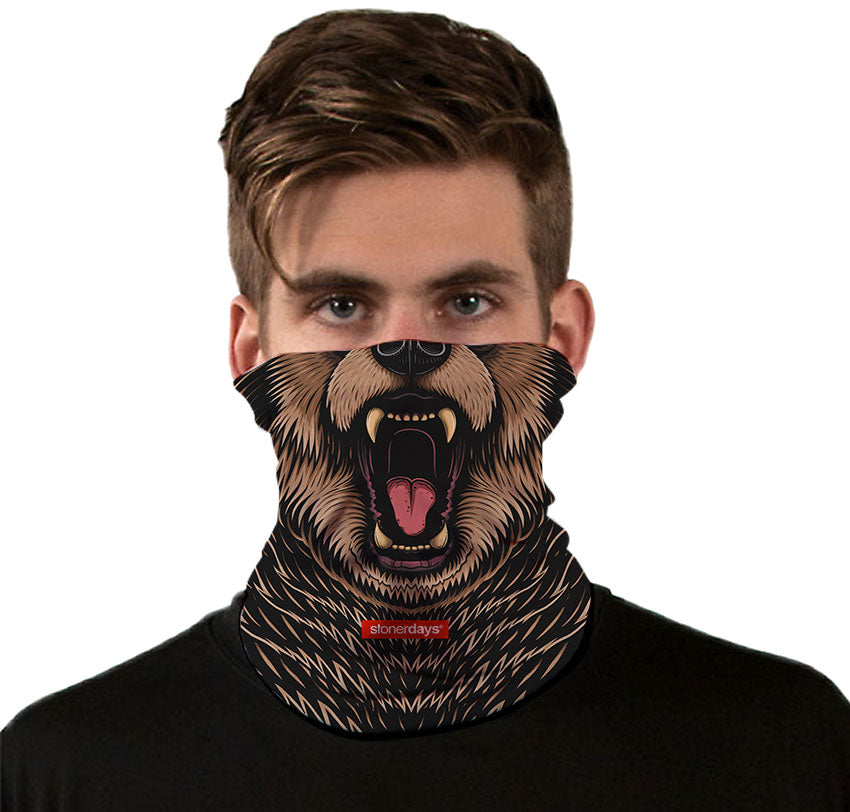 StonerDays Bear Roar Neck Gaiter featuring a fierce bear design, made of polyester, front view on model