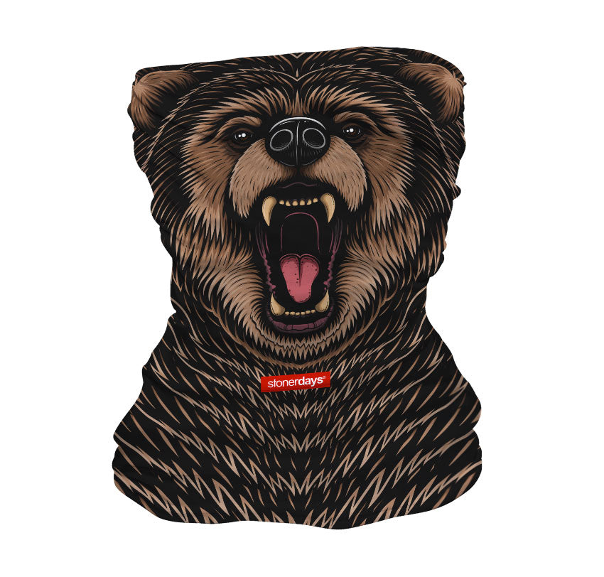 StonerDays Bear Roar Neck Gaiter featuring a fierce bear design, made of polyester, front view.