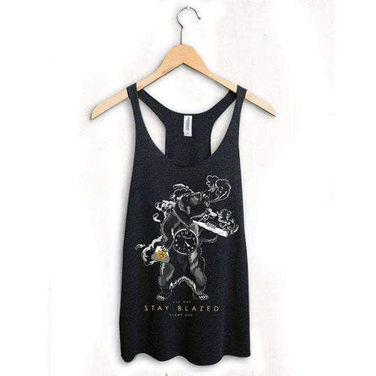 StonerDays Bear Stay Blazed women's tank top in gray, displayed on a hanger, front view