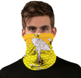 StonerDays Bees Wax Neck Gaiter featuring honeycomb design with smoke graphic, front view on model