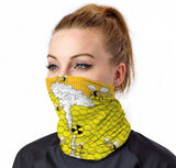 StonerDays Bees Wax Neck Gaiter on model, front view, featuring honeycomb design