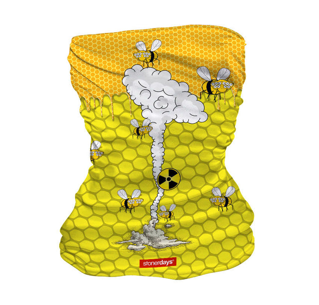 StonerDays Bees Wax Neck Gaiter with honeycomb pattern and cartoon bees, front view