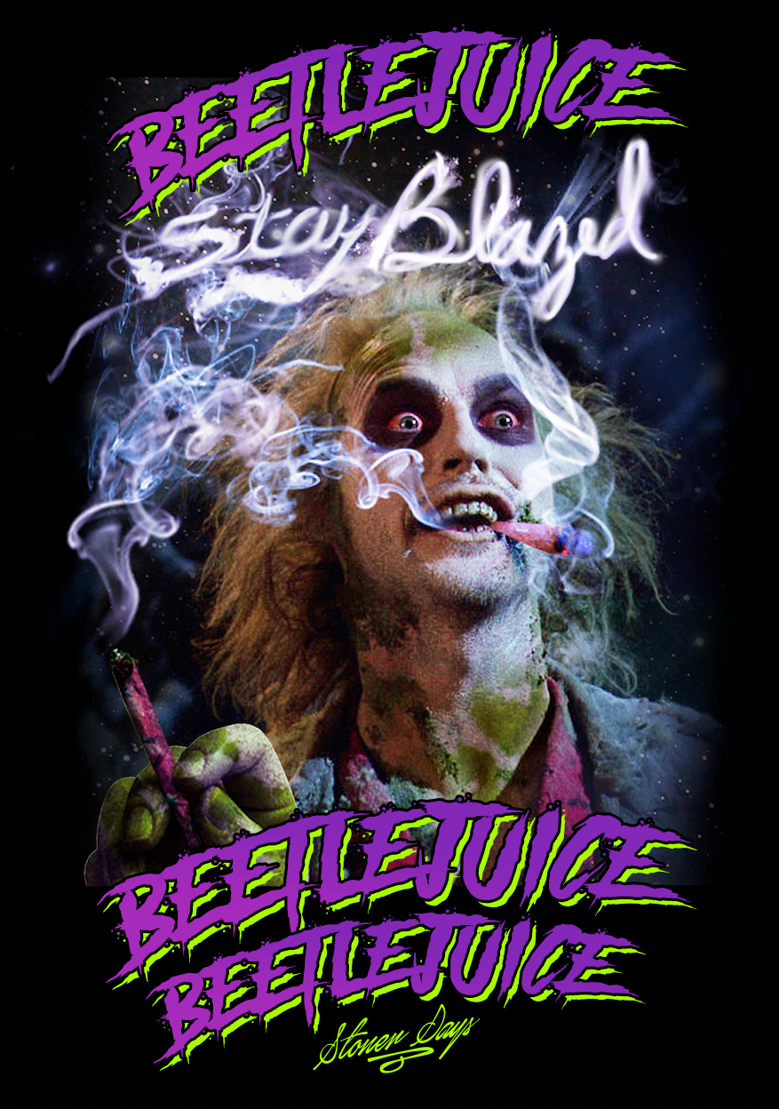 StonerDays Beetlejuice themed long sleeve shirt with vibrant graphics, front view on black background