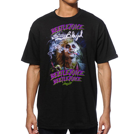 StonerDays Beetlejuice black cotton t-shirt with vibrant graphic, front view on male model