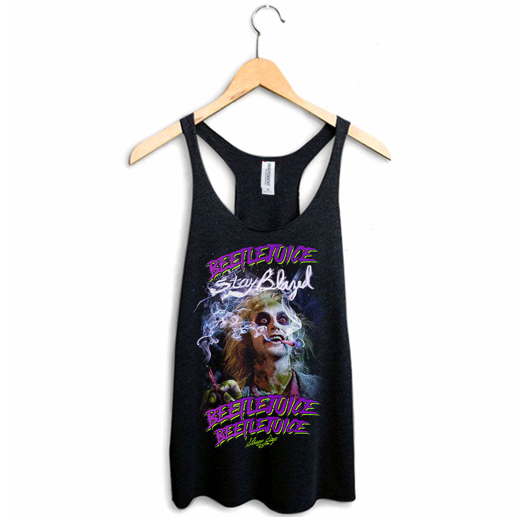 StonerDays Beetlejuice Women's Racerback Tank Top Front View on Hanger