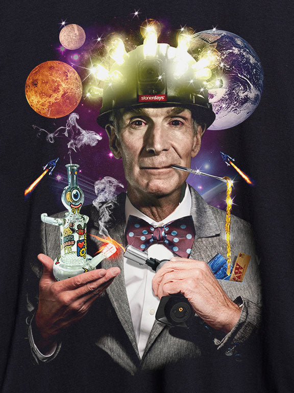 StonerDays Bill Nye The Dabbing Guy Hoodie featuring cosmic graphics and concentrate accessories