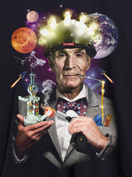StonerDays Bill Nye The Dabbing Guy Racerback featuring cosmic design with dab rig, front view