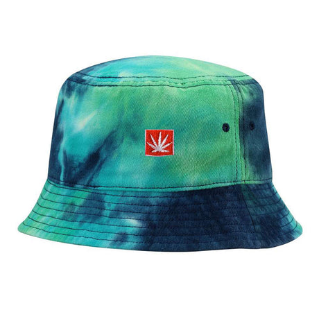 StonerDays Blue Dream Tie Dye Bucket Hat with red leaf logo, front view on white background