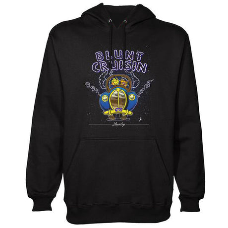 StonerDays Blunt Cruisin Hoodie in black, front view, featuring vibrant graphic design, cotton, size options S to 2XL