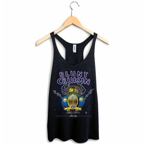 StonerDays Blunt Cruisin Racerback tank top, black, with colorful front print, on hanger