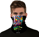 StonerDays Bob Trippy Neck Gaiter with vibrant UV reactive design, front view on model