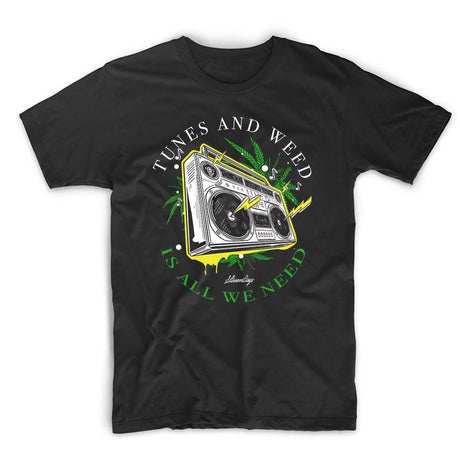 StonerDays Boombox T-Shirt in black cotton with vibrant graphic, medium size, front view