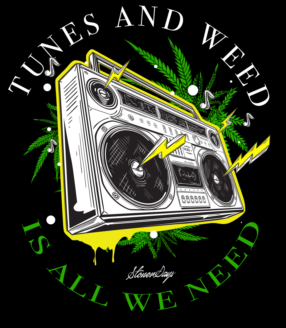 StonerDays Boombox graphic tee featuring a retro boombox and cannabis leaves design on black cotton