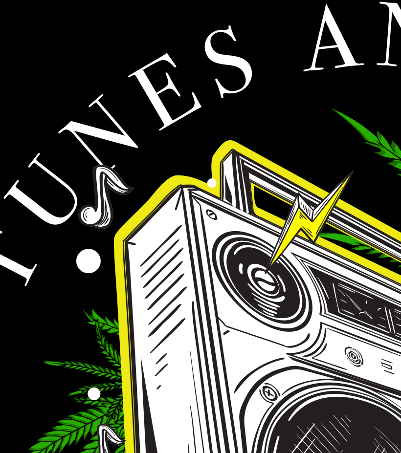 StonerDays Boombox graphic t-shirt design close-up with vibrant colors on black cotton fabric