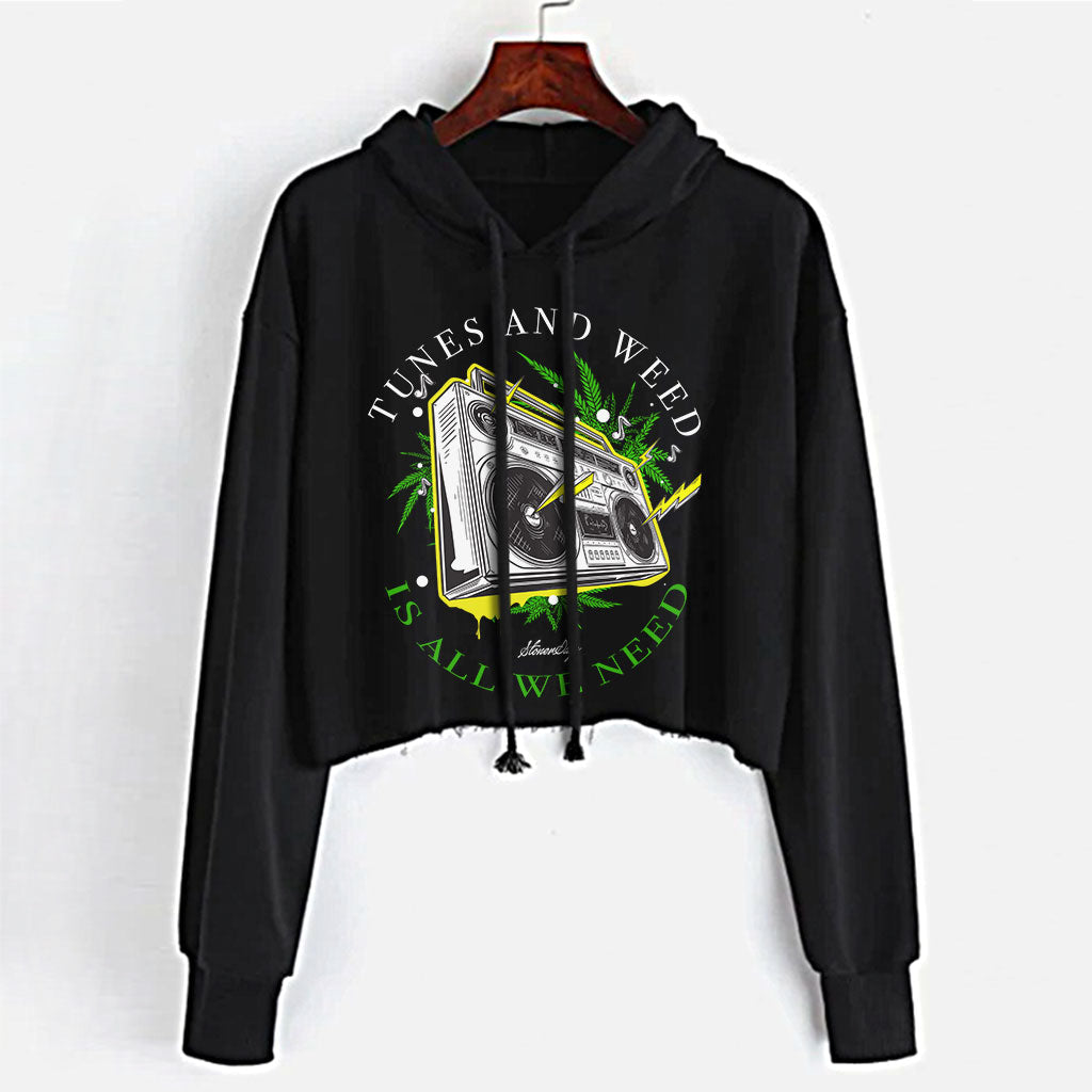 StonerDays Boombox Crop Top Hoodie for Women, Black, Front View on Hanger