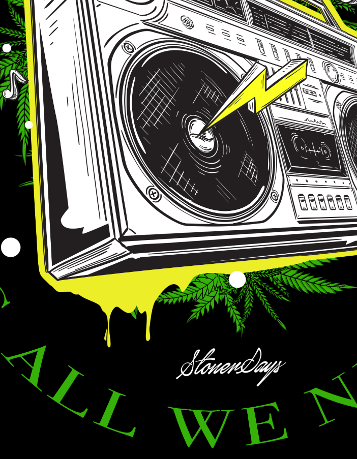 StonerDays Boombox Hoodie in green with bold graphic print, close-up view