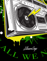 StonerDays Boombox Hoodie in green with bold graphic print, close-up view