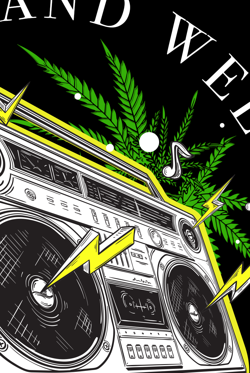 StonerDays Boombox Hoodie in black with vibrant green cannabis leaf design, front view