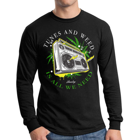 StonerDays Boombox Long Sleeve shirt with 'Tunes and Weed is all we need' design, front view.