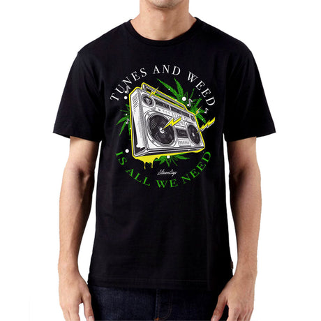 StonerDays Boombox T-Shirt - Front View on Model - Black Cotton Tee with Graphic Design