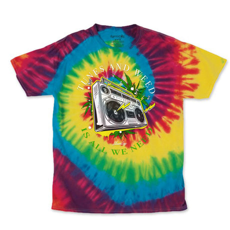 StonerDays Boombox Tie Dye T-Shirt in vibrant blue and red colors, front view on white background