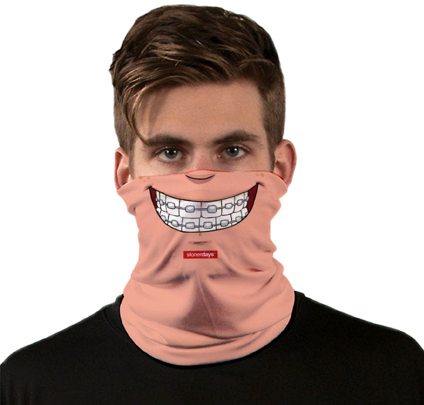 StonerDays Braces Smiley Neck Gaiter in Peach Color, Front View on Model