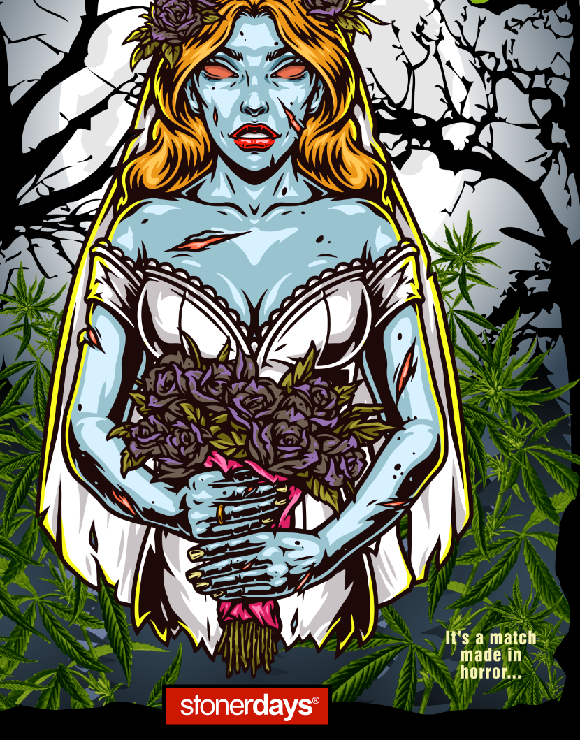 StonerDays Bride of the Living Nugs T-shirt in blue tie-dye with cannabis and horror design