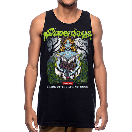 Front view of StonerDays Bride Of The Living Nugs Tank in black cotton, sizes S to 2XL